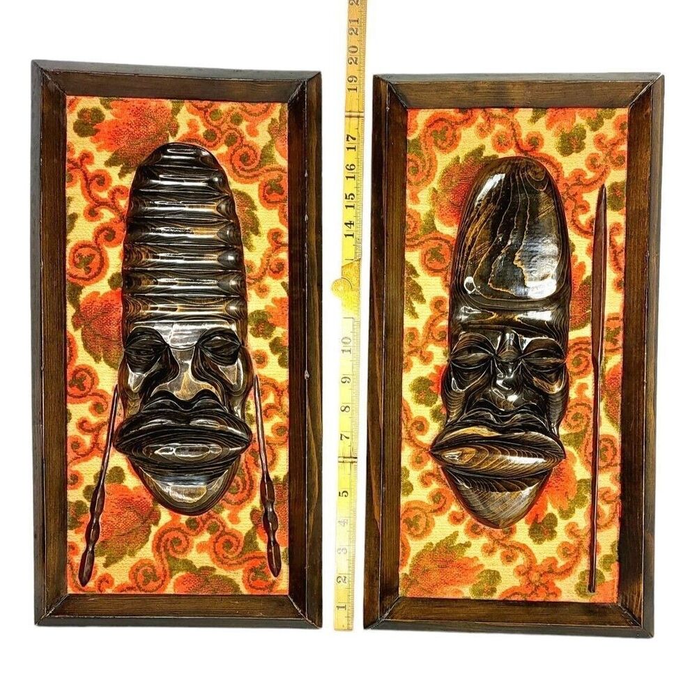 Vintage MCM Carved Tiki Framed Mask Mahogany Wood Floral Velvet Wall Art